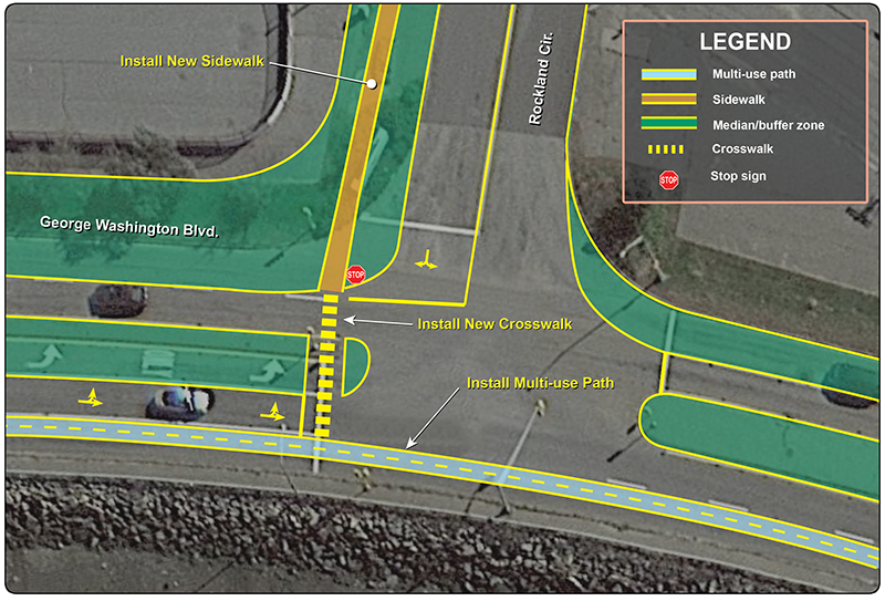 Figure 1: Study Area
The study area is encircled in yellow on a satellite image of the intersection of George Washington Boulevard and Rockland Circle
